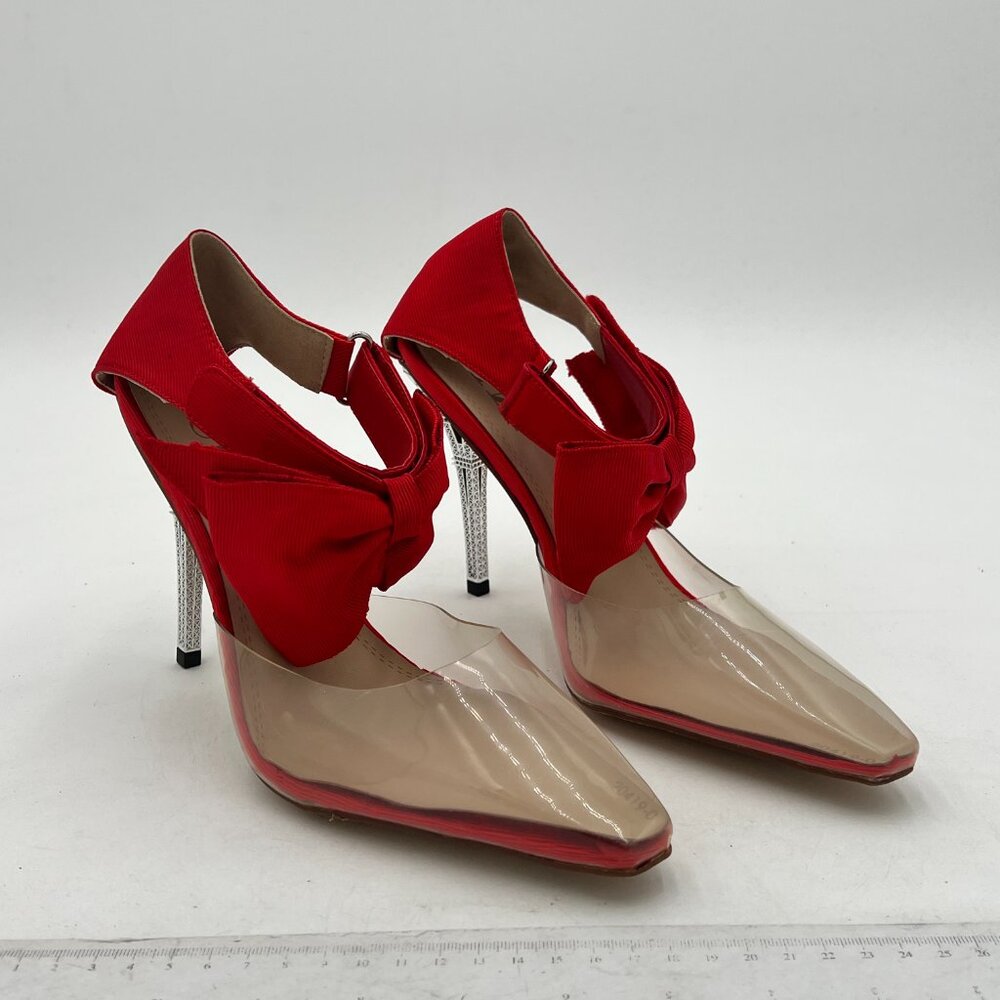 Red Transparent Bow Pointed Toe High Heel Ankle Strap D'Orsay Party Pumps